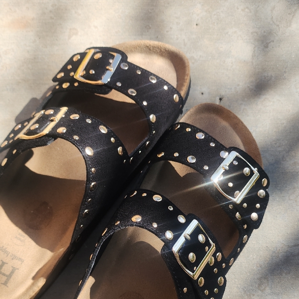Haute Hippie Black Sandals with Gold Accents - Picture 2 of 9